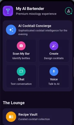 The My AI Bartender home screen